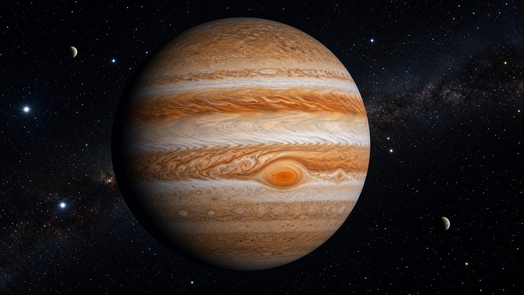 Gambar planet Jupiter yang jelas dan detail dengan latar belakang ruang angkasa gelap dan bintang-bintang.