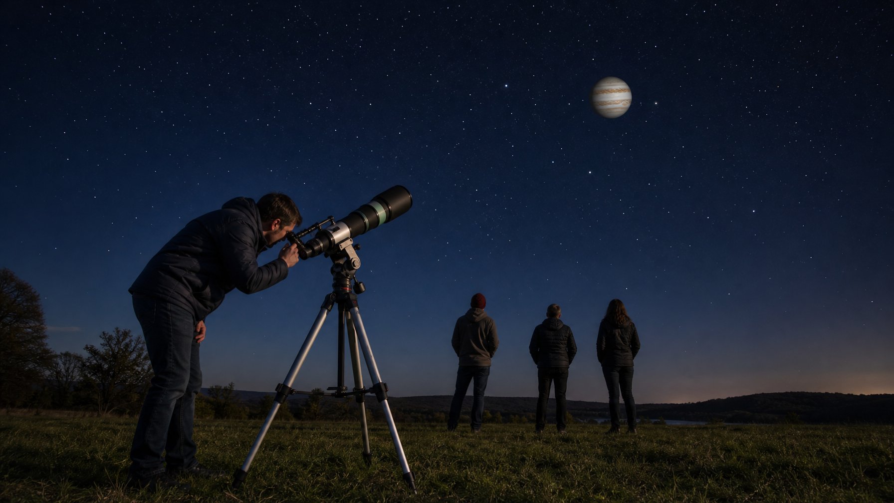 Orang-orang mengamati planet Jupiter di langit malam dengan teleskop dan mata telanjang di lapangan terbuka.
