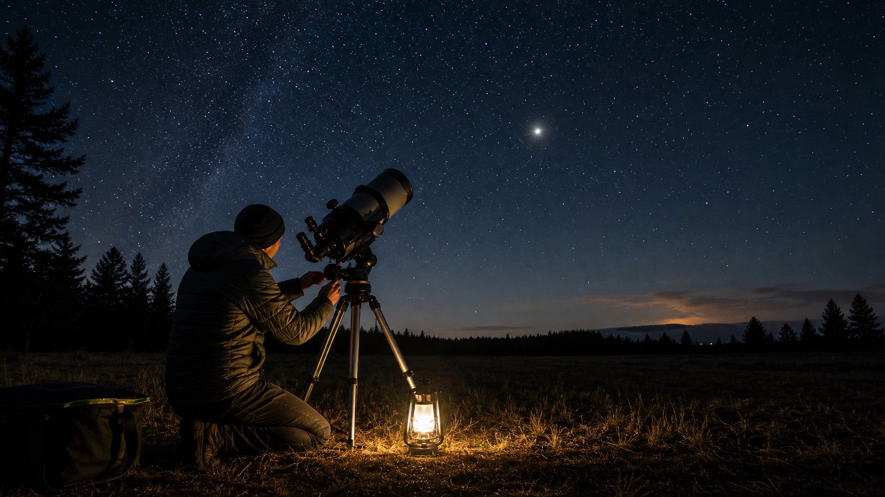 Seseorang sedang menyiapkan teleskop di lapangan terbuka pada malam hari dengan langit penuh bintang dan planet Jupiter yang terlihat jelas.