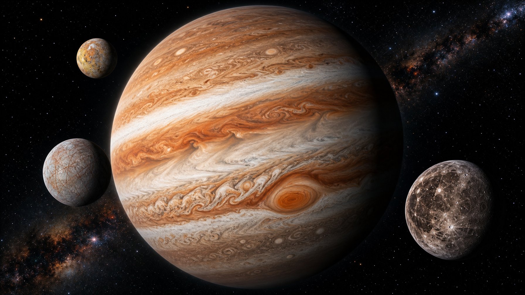 Pemandangan planet Jupiter dengan badai besar dan beberapa bulan mengelilinginya di ruang angkasa.