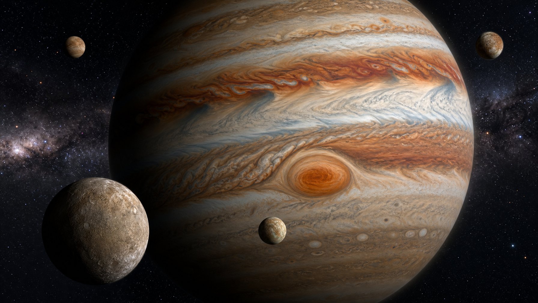 Gambaran planet Jupiter dengan badai besar yang berputar dan beberapa bulan yang mengelilinginya di luar angkasa.