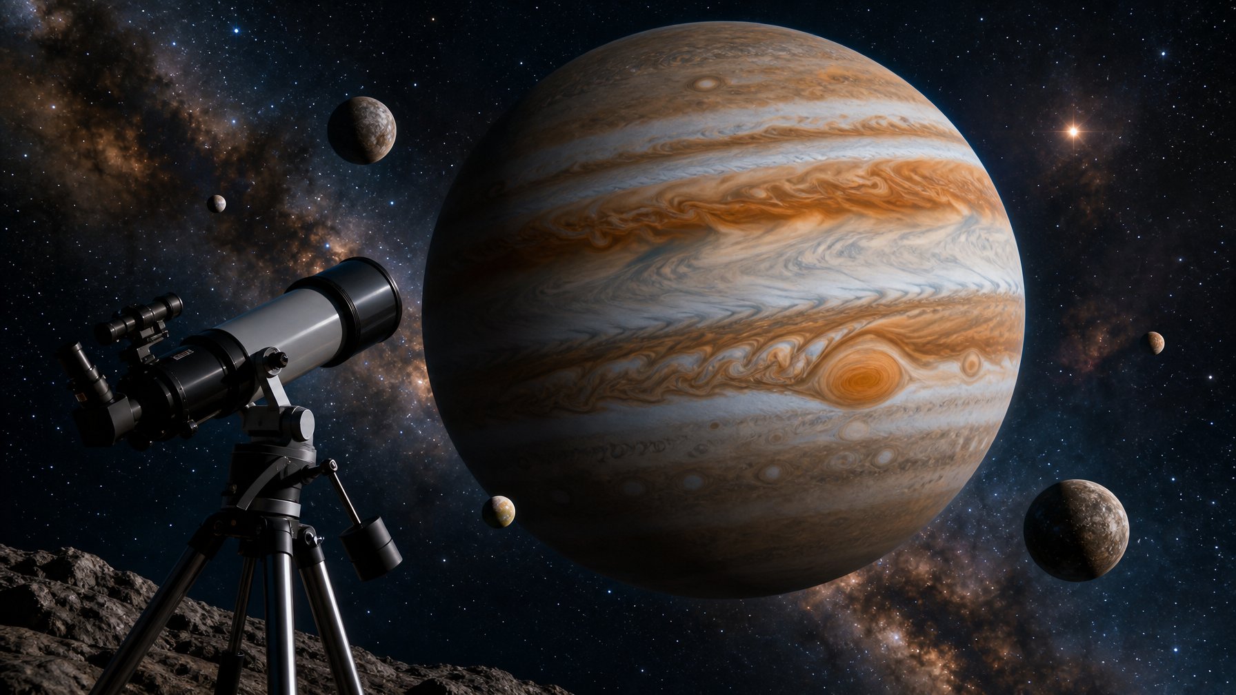 Pemandangan planet Jupiter dengan bulan-bulannya dan teleskop yang mengarah ke langit malam berbintang.