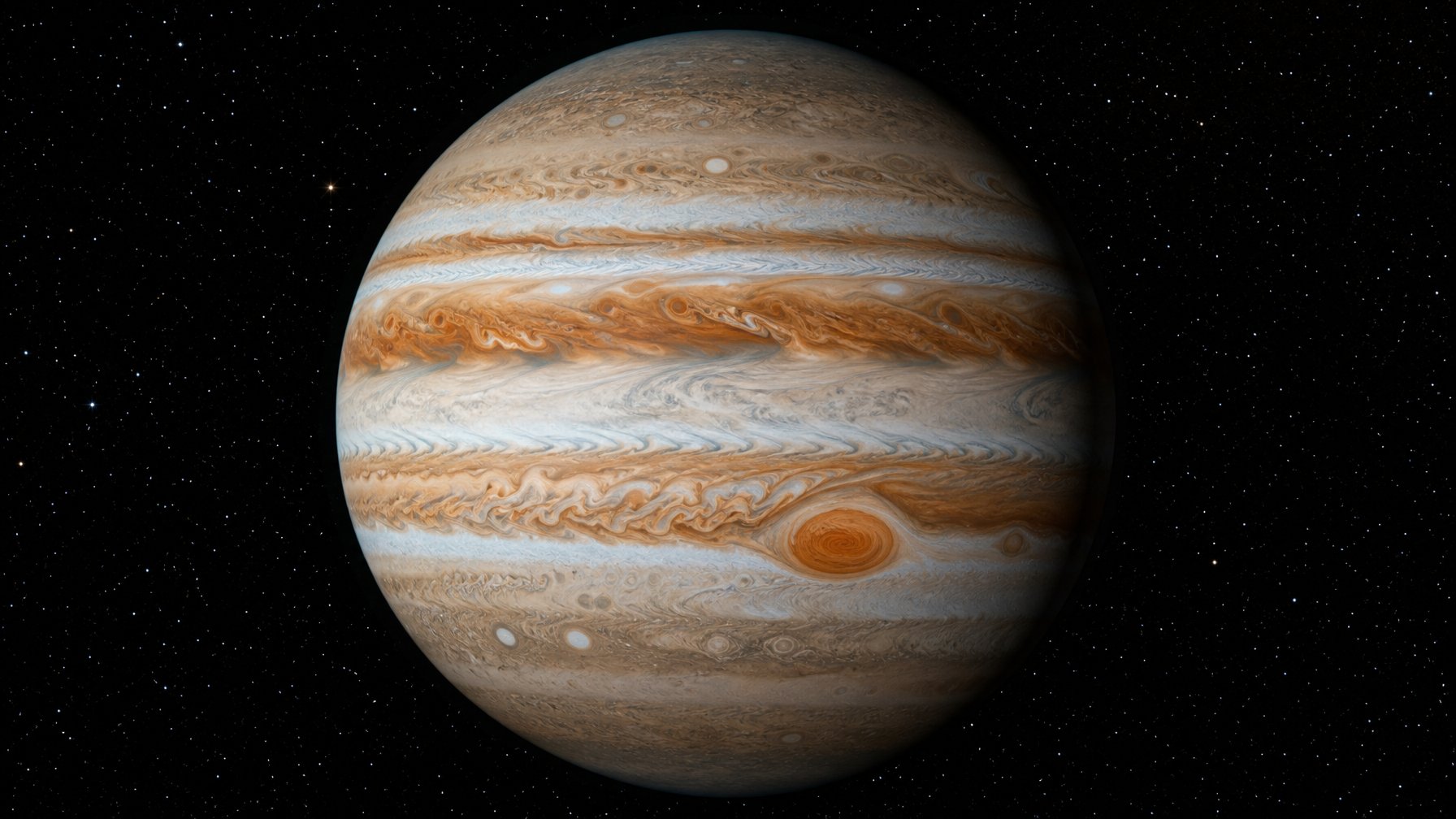 Gambar planet Jupiter dengan pita awan berwarna-warni dan Bintik Merah Besar yang terlihat jelas di latar belakang luar angkasa gelap.