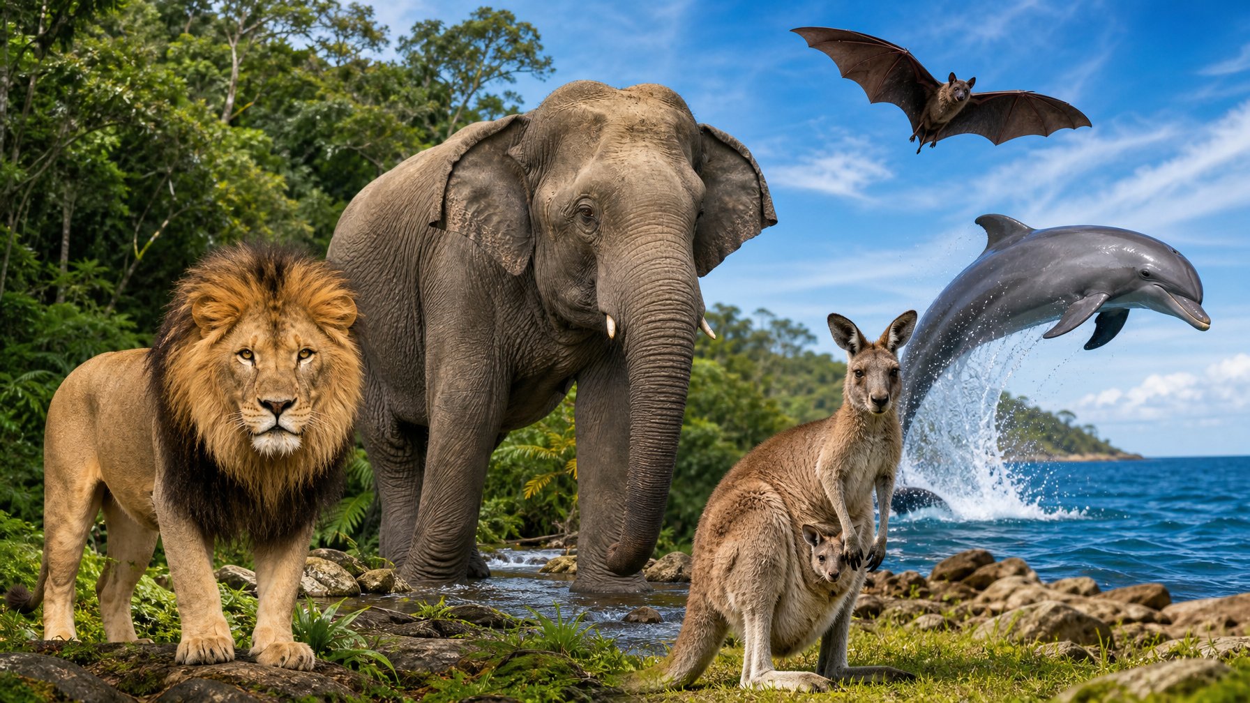 Berbagai mamalia seperti singa, gajah, lumba-lumba, kelelawar, dan kanguru di habitat alami yang hijau dan cerah.