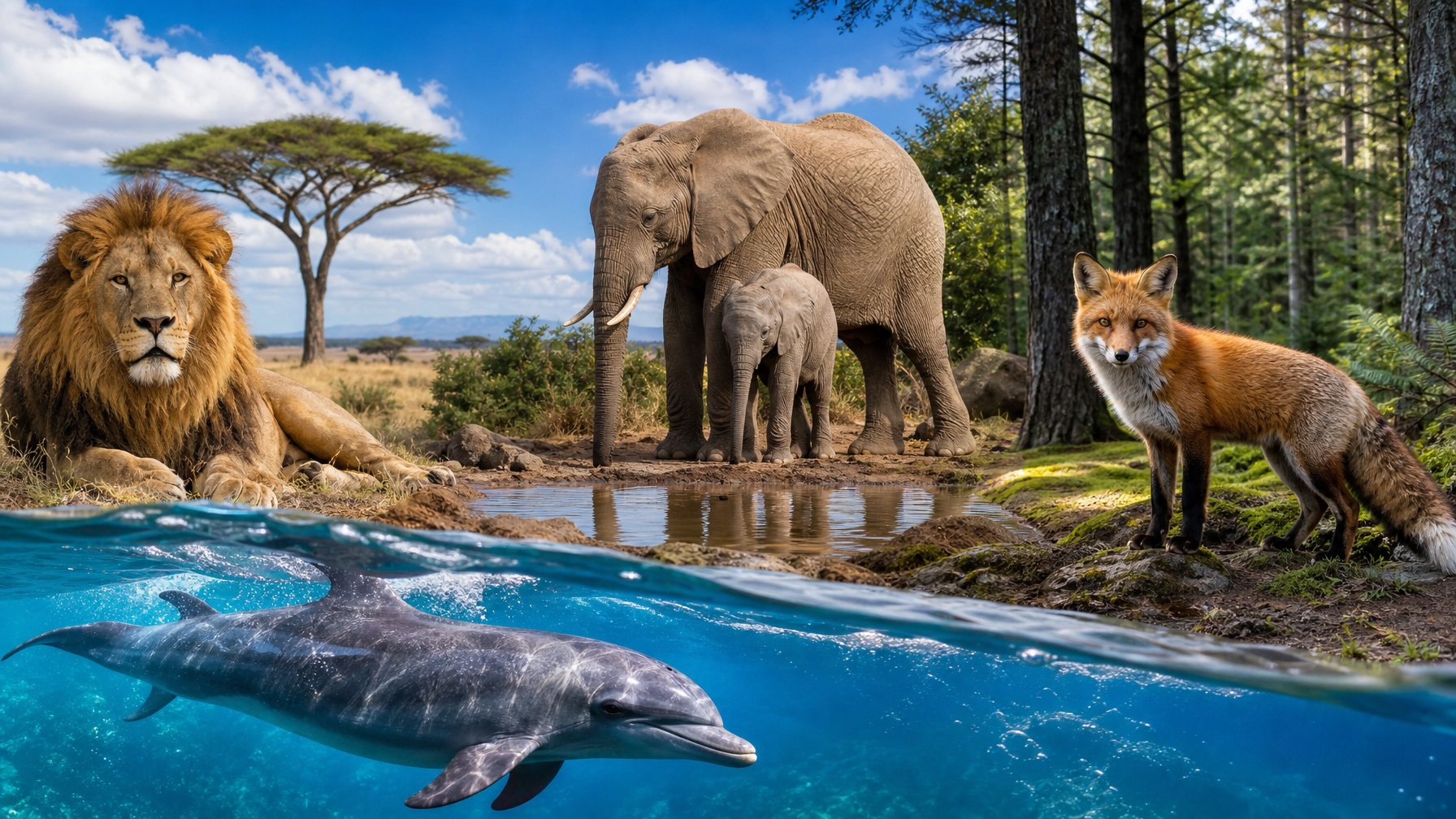 Berbagai jenis mamalia di habitat alami mereka, termasuk singa di savana, lumba-lumba di laut, rubah di hutan, dan gajah dengan anaknya di dekat sumber air.