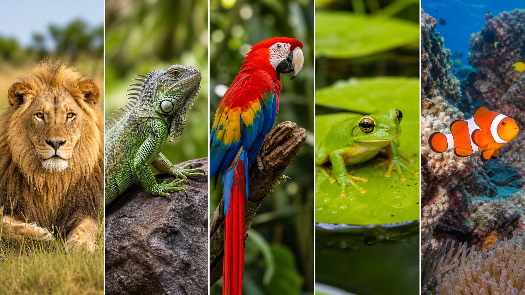 Lima hewan berbeda yang mewakili mamalia, reptil, burung, amfibi, dan ikan dalam lingkungan alami yang berbeda.