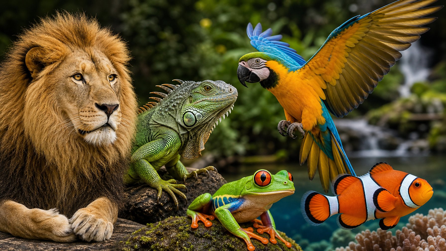 Lima hewan yang mewakili mamalia, reptil, burung, amfibi, dan ikan, masing-masing menunjukkan ciri khas anatomi mereka dalam latar alami.