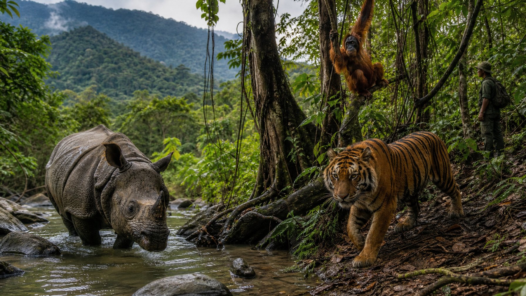 Beberapa mamalia langka Indonesia seperti badak Jawa, harimau Sumatra, dan orangutan di hutan tropis yang rimbun dengan pepohonan dan sungai.