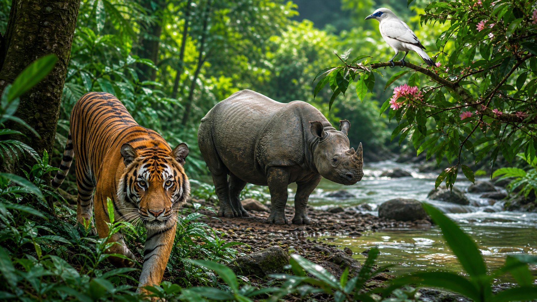 Beberapa mamalia langka Indonesia di habitat aslinya, termasuk harimau sumatra, badak jawa, dan jalak bali di hutan tropis yang rimbun.