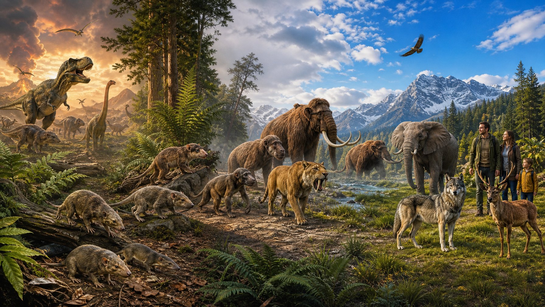 Gambaran evolusi mamalia dari zaman dinosaurus hingga spesies modern, menampilkan dinosaurus, mamalia awal, dan berbagai mamalia modern dalam satu lanskap yang berurutan.