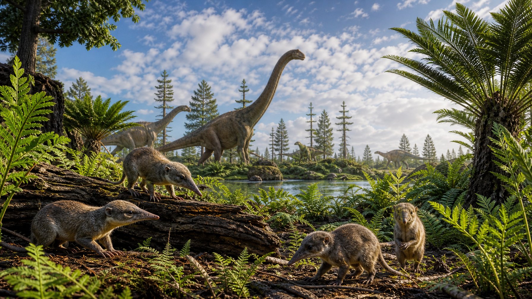 Pemandangan zaman Mesozoikum dengan mamalia awal kecil di antara tanaman purba dan dinosaurus besar di latar belakang.