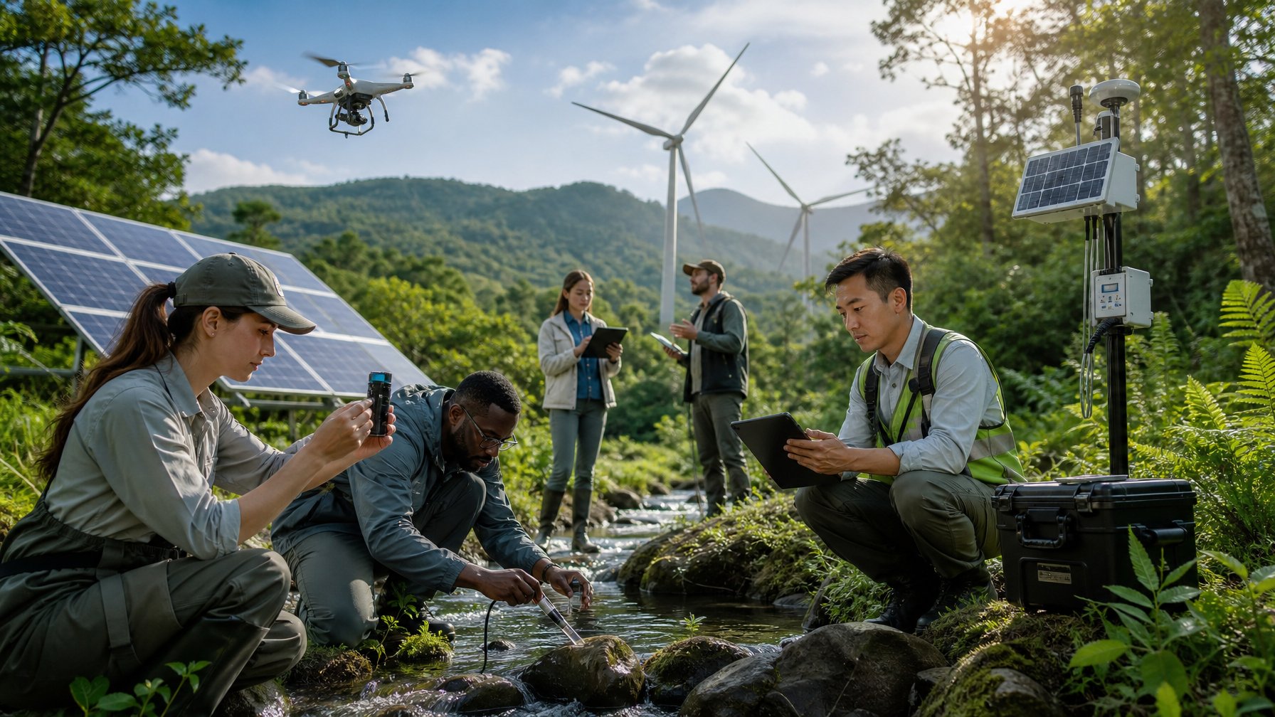 Sekelompok ilmuwan dan ahli lingkungan sedang bekerja di hutan hijau dengan teknologi modern, latar belakang terdapat panel surya dan turbin angin.