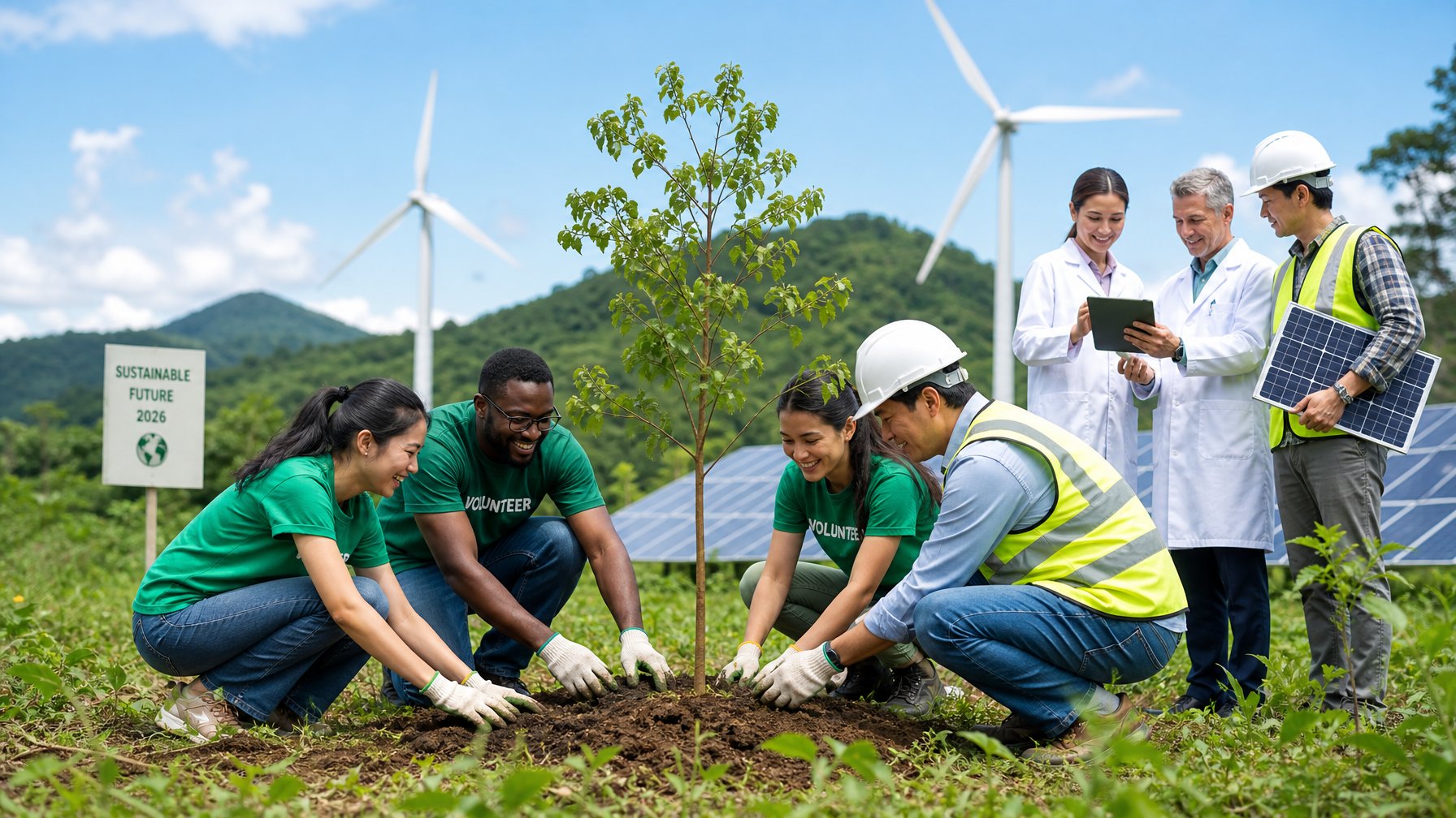 Sekelompok orang menanam pohon di hutan hijau dengan latar belakang panel surya dan turbin angin.