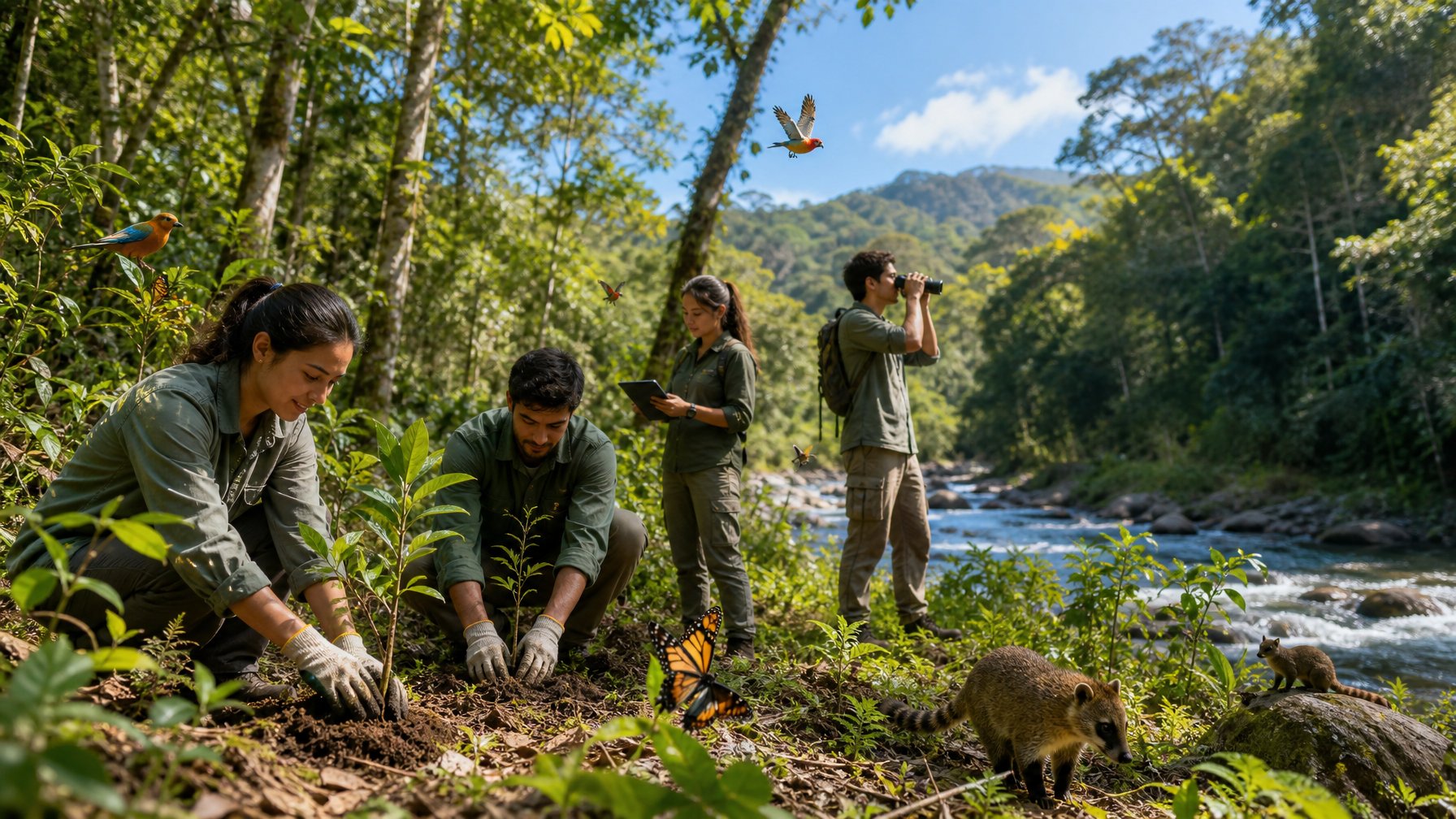 Sekelompok konservasionis sedang menanam pohon dan mengamati satwa di hutan yang rimbun dengan berbagai jenis tumbuhan dan hewan di sekitar sungai yang jernih.