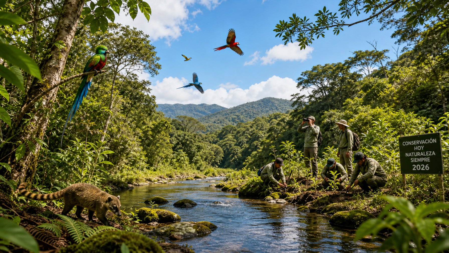Pemandangan hutan hijau dengan berbagai satwa dan sekelompok konservasionis yang sedang menanam pohon dan mengamati alam.