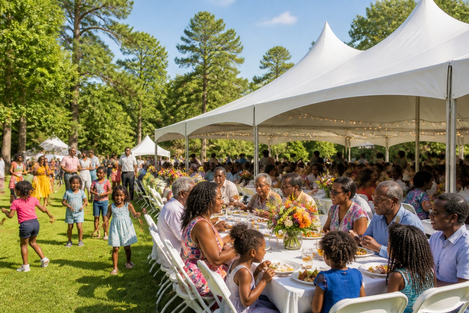 Large family reunion outdoors with multiple generations gathered under white tents, enjoying food and each other's company in a green park with trees.