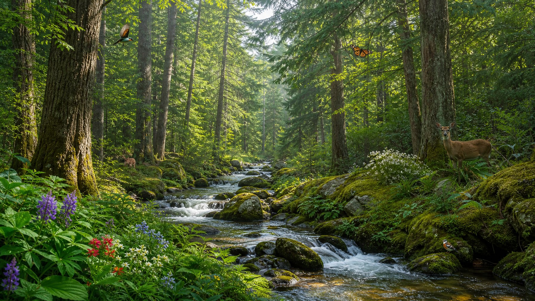 Pemandangan hutan hijau yang rimbun dengan pohon tinggi, aliran sungai jernih, dan berbagai satwa liar di dalamnya.