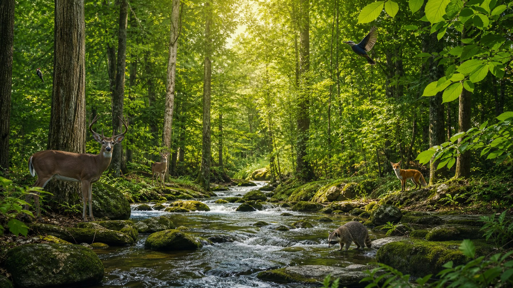 Pemandangan hutan yang rimbun dengan pepohonan tinggi, aliran sungai jernih, dan berbagai satwa liar di habitat aslinya.