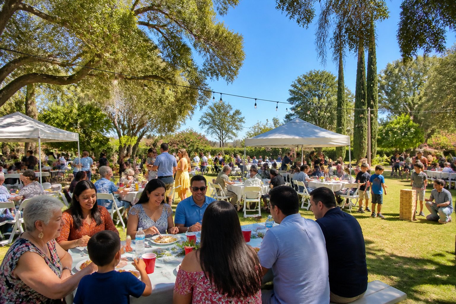 A large family reunion outdoors at a spacious, green venue with multiple generations enjoying food and games under sunny skies.