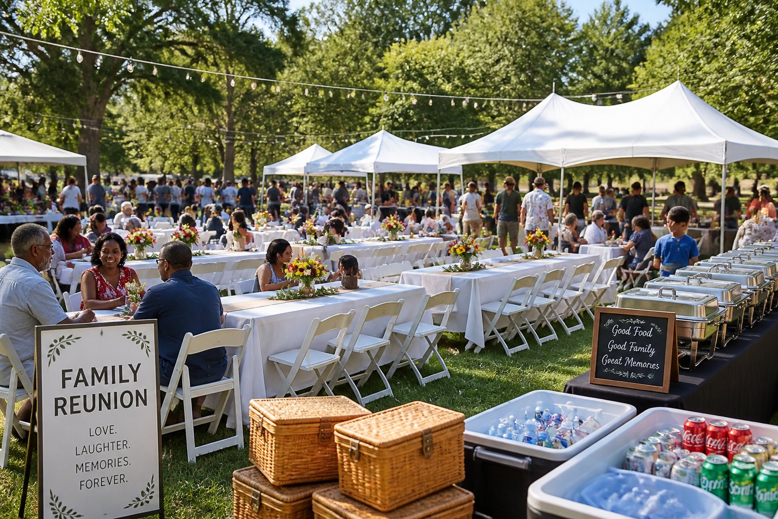 Outdoor family reunion setup with long tables, chairs, tents, and event rental equipment in a park.