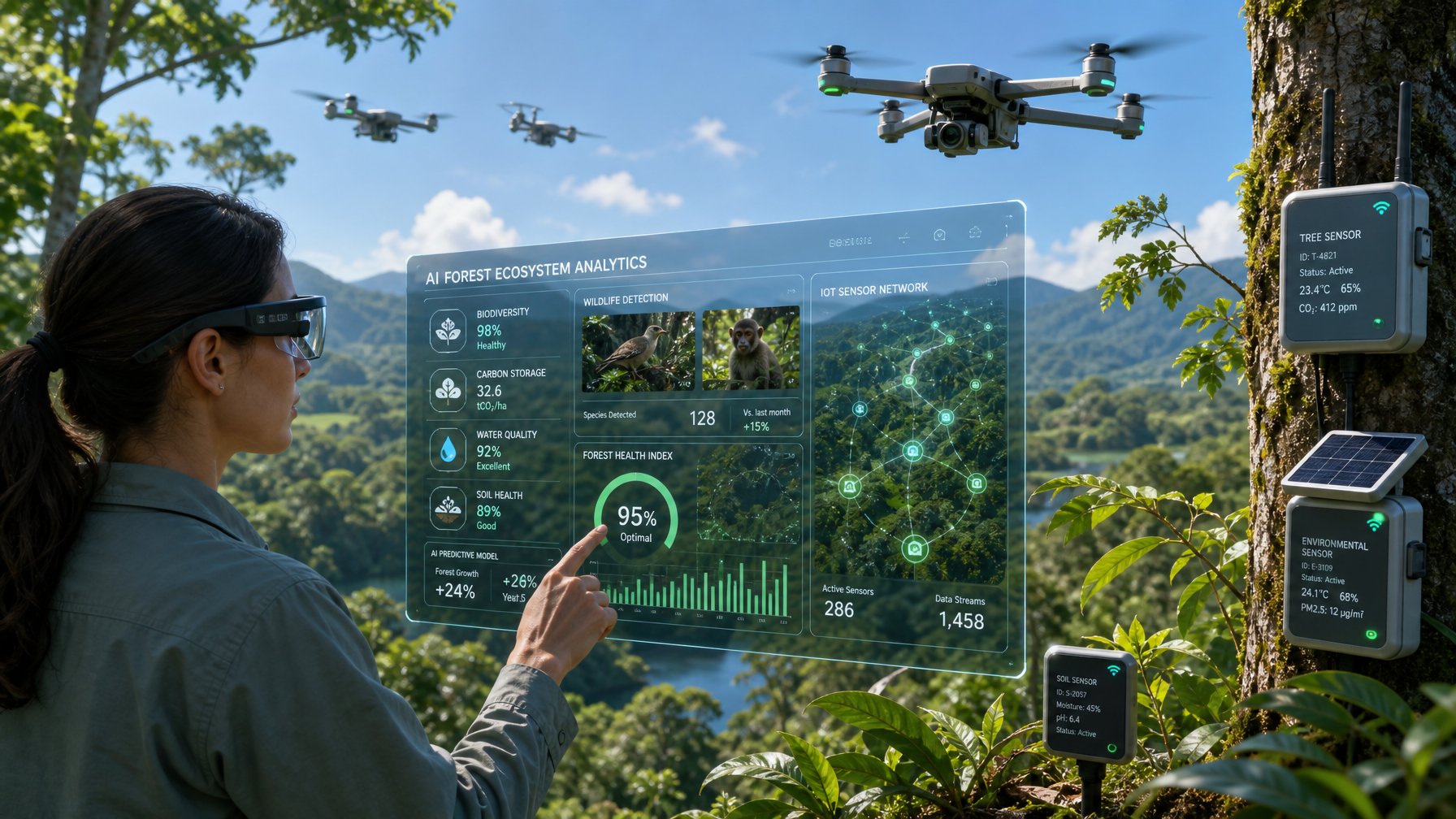 Seorang ilmuwan menggunakan kacamata pintar di hutan hijau dengan beberapa drone terbang di atas pepohonan dan perangkat IoT terpasang pada tanaman, memantau kondisi lingkungan.