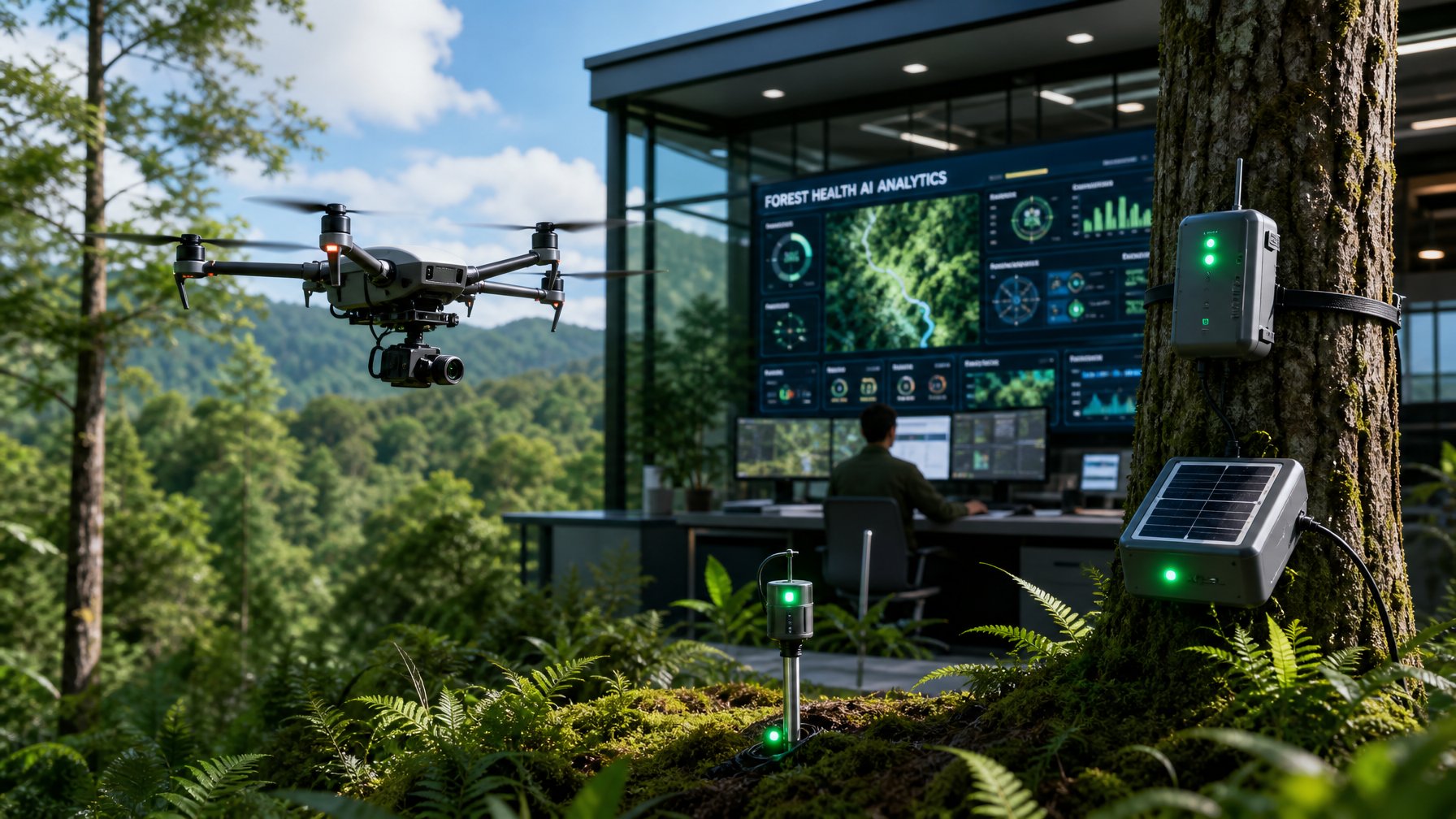 Sebuah hutan hijau dengan drone terbang di atas pohon dan perangkat IoT terpasang pada pohon dan tanah, menunjukkan teknologi untuk pelestarian lingkungan.