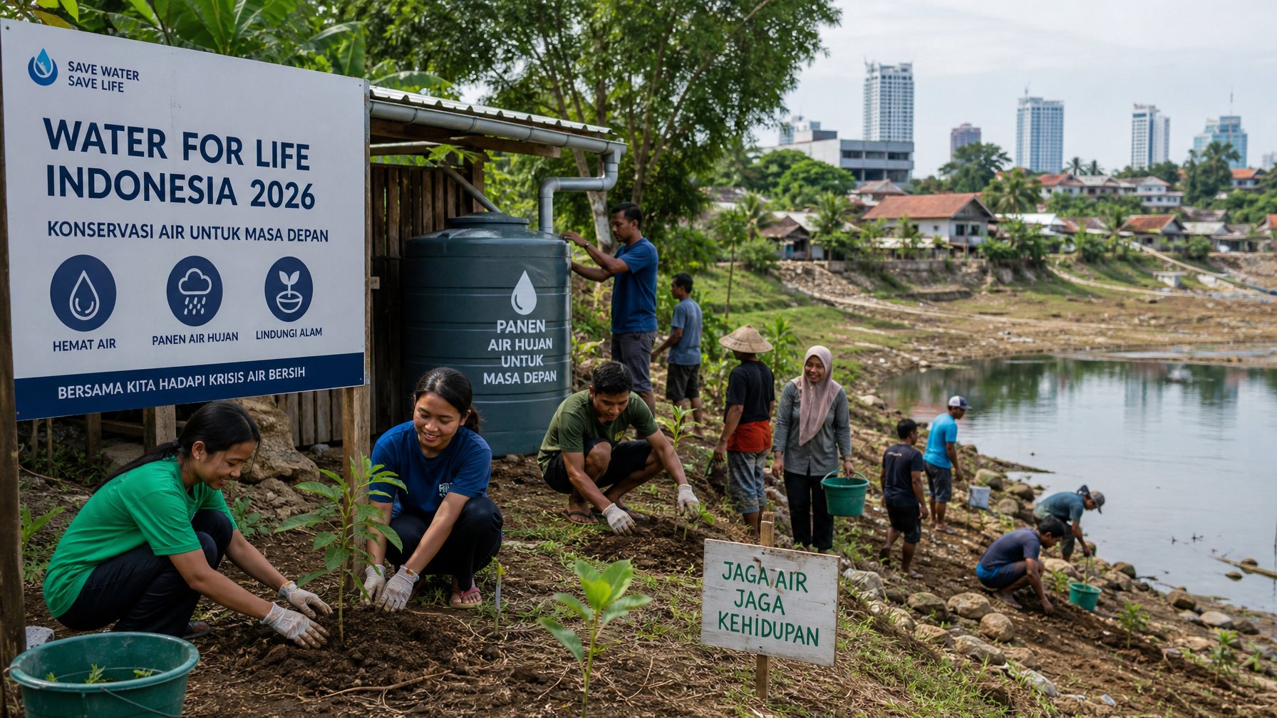 Sekelompok orang Indonesia sedang melakukan kegiatan konservasi air di dekat sumber air alami dengan latar rumah tradisional dan vegetasi tropis.