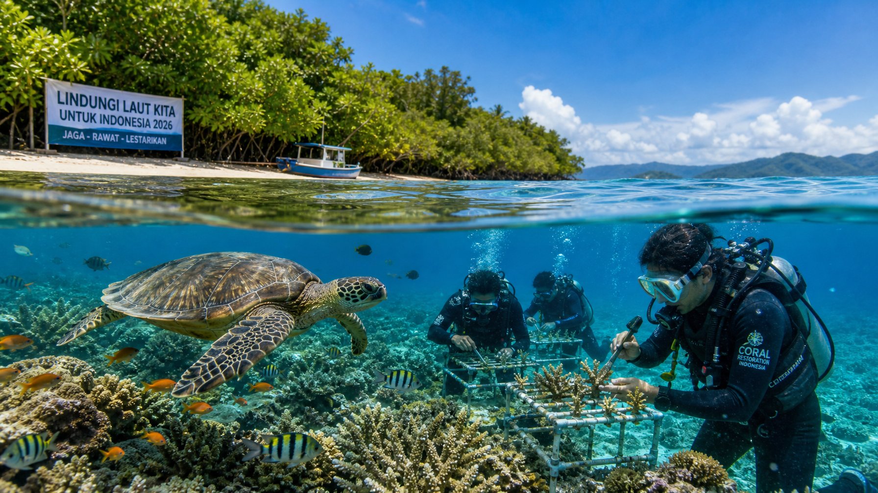 Pemandangan terumbu karang yang sehat dengan berbagai ikan dan penyu, serta tim konservasi laut yang sedang bekerja di bawah air di pantai tropis Indonesia.