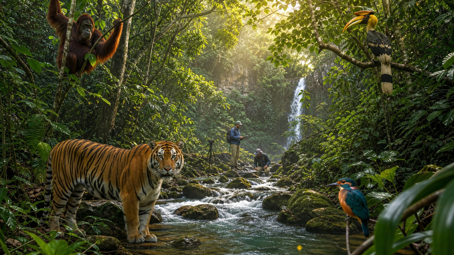 Pemandangan hutan tropis yang rimbun dengan berbagai spesies hewan seperti harimau, orangutan, dan burung eksotis, serta peneliti yang sedang melakukan konservasi di latar belakang.