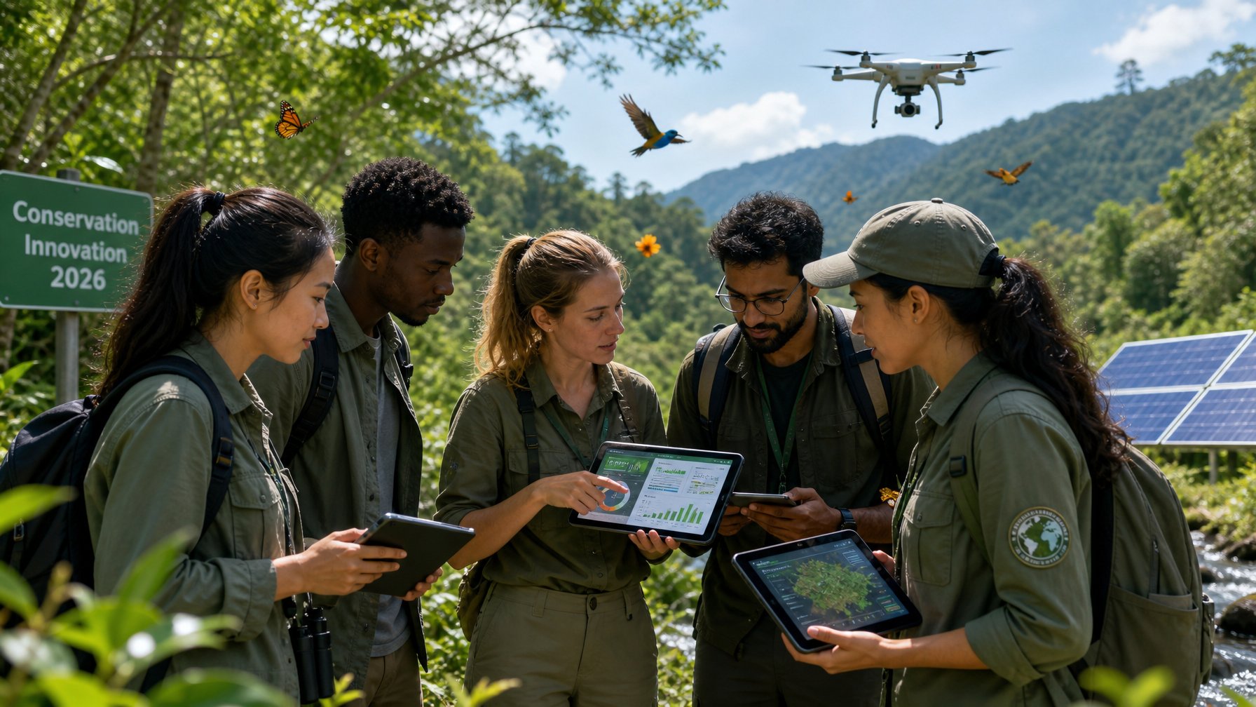 Sekelompok ilmuwan dan pembuat kebijakan muda sedang bekerja bersama di hutan hijau dengan perangkat teknologi ramah lingkungan, mengamati tablet digital yang menampilkan data konservasi.