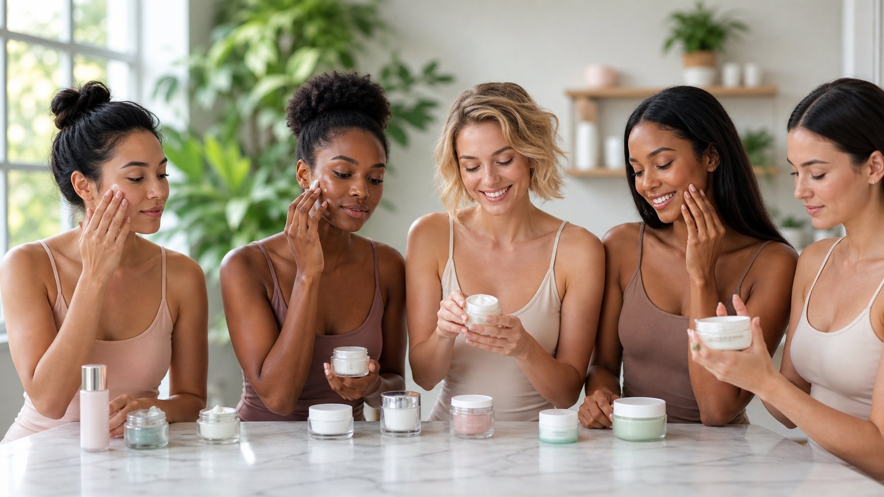 Beberapa wanita dengan berbagai jenis kulit sedang memilih dan mengaplikasikan krim wajah di meja dengan latar tanaman hijau dan cahaya alami.