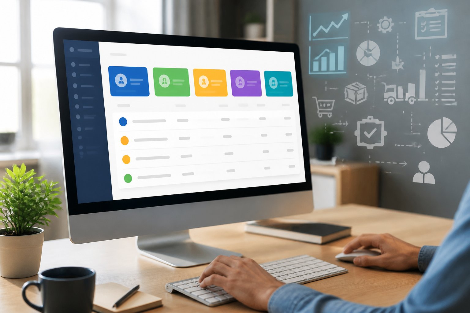 Ein moderner Arbeitsplatz mit einem Computerbildschirm, der ein Dashboard zur Verwaltung von Bestellungen zeigt, und einer Person, die mit Tastatur und Maus arbeitet.