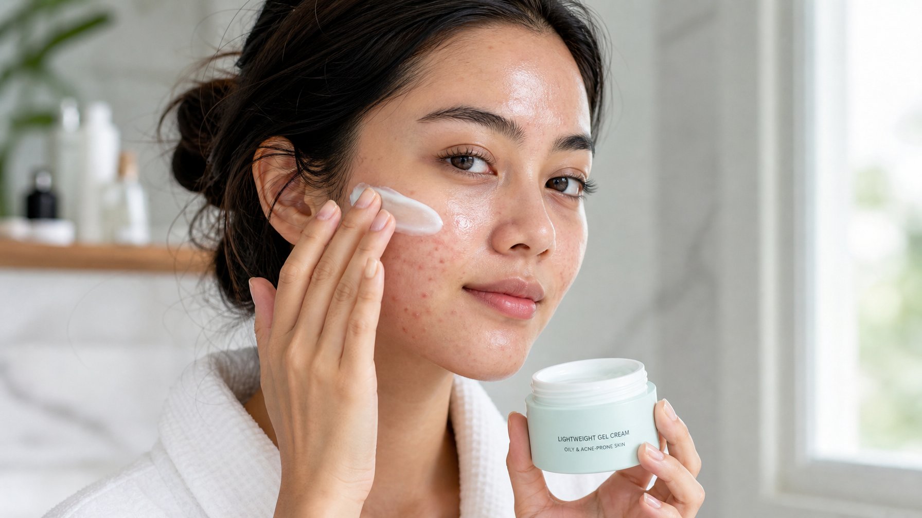 Seorang wanita muda sedang mengaplikasikan krim wajah pada kulit berminyak dan berjerawat di kamar mandi yang terang.