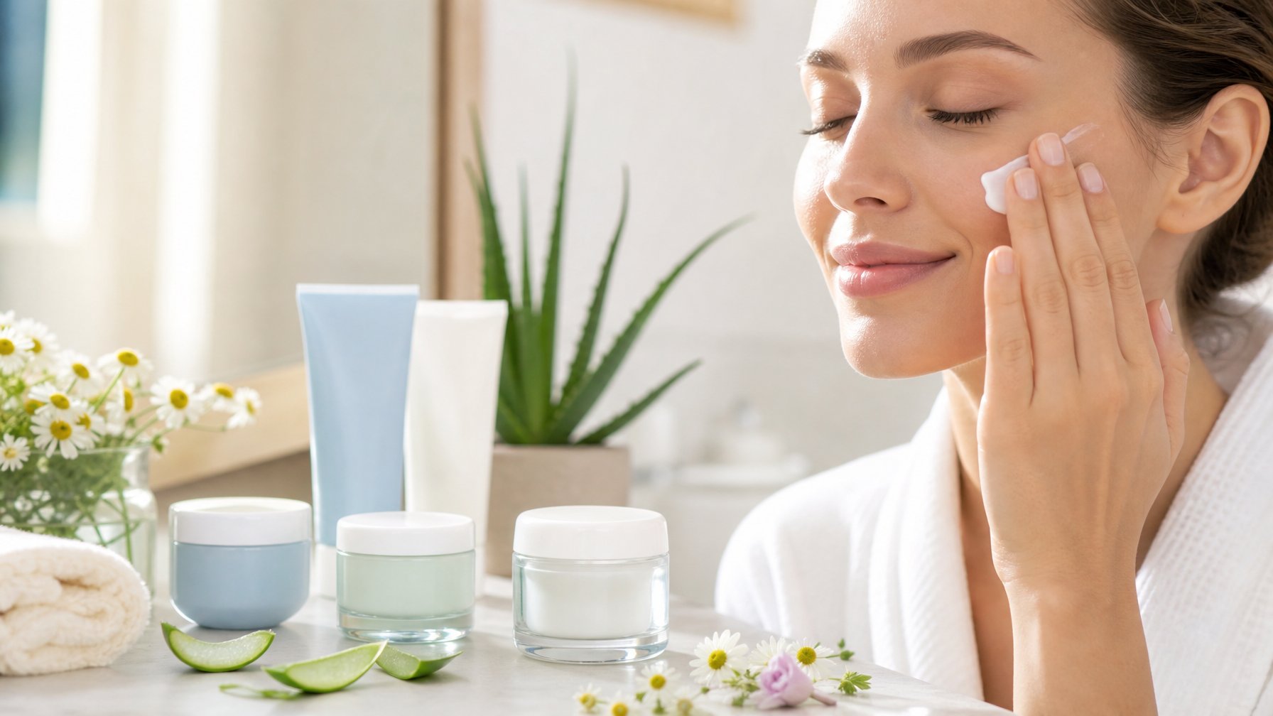 Tangan sedang mengoleskan krim wajah di dekat produk perawatan kulit dengan daun aloe vera dan bunga kamomil di atas meja kamar mandi.