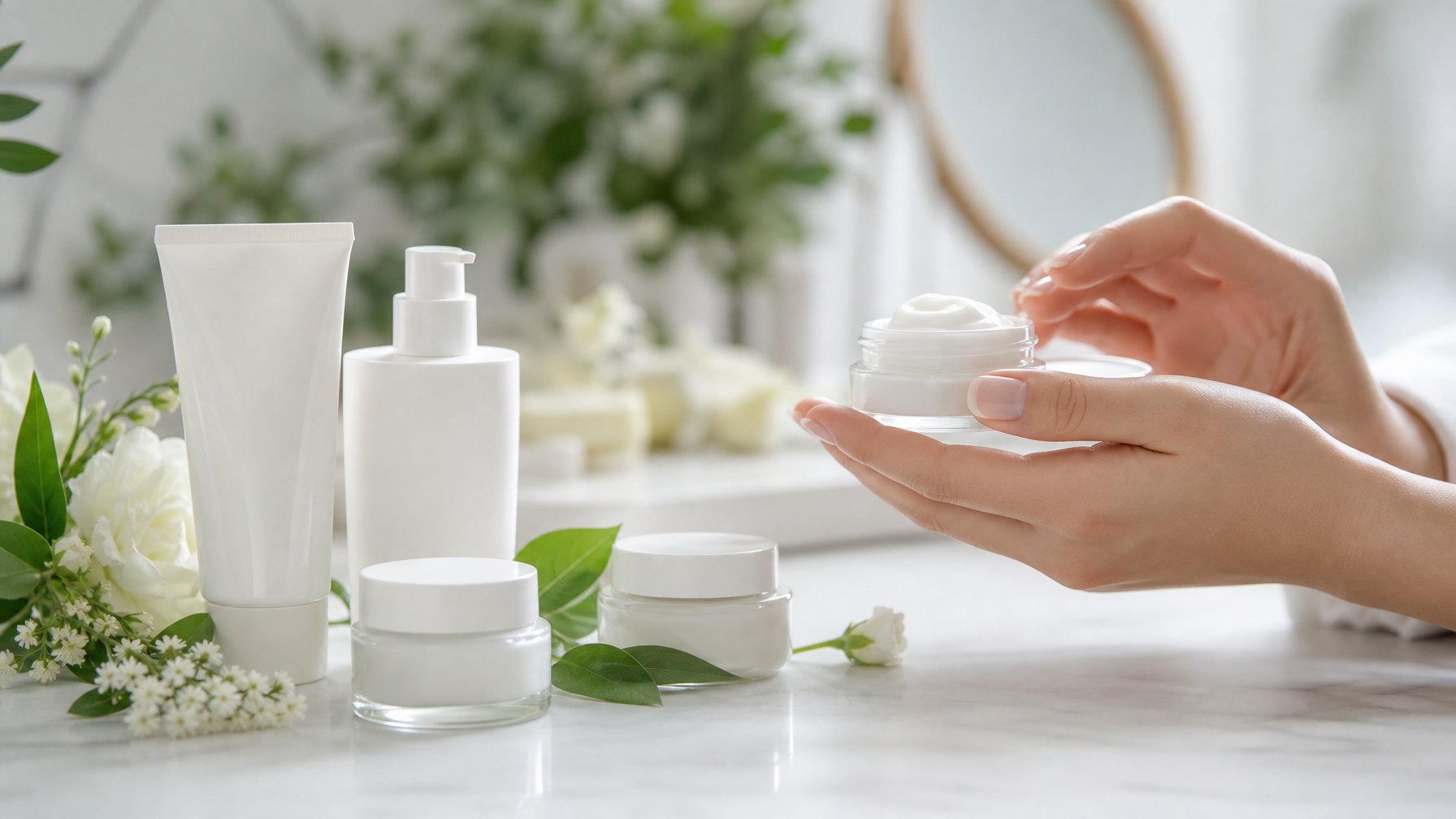 Meja rias putih dengan krim wajah dan daun hijau, tangan memegang krim dengan lembut.