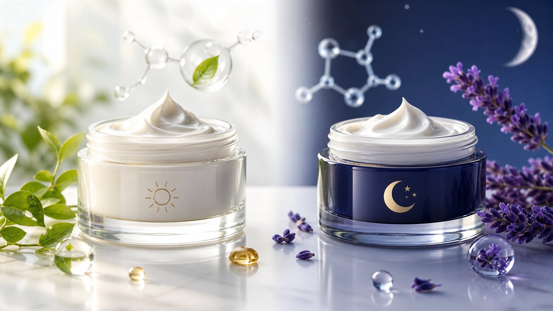 Dua toples krim wajah yang mewakili krim siang dan malam dengan latar belakang alami dan elemen botani di sekitarnya.