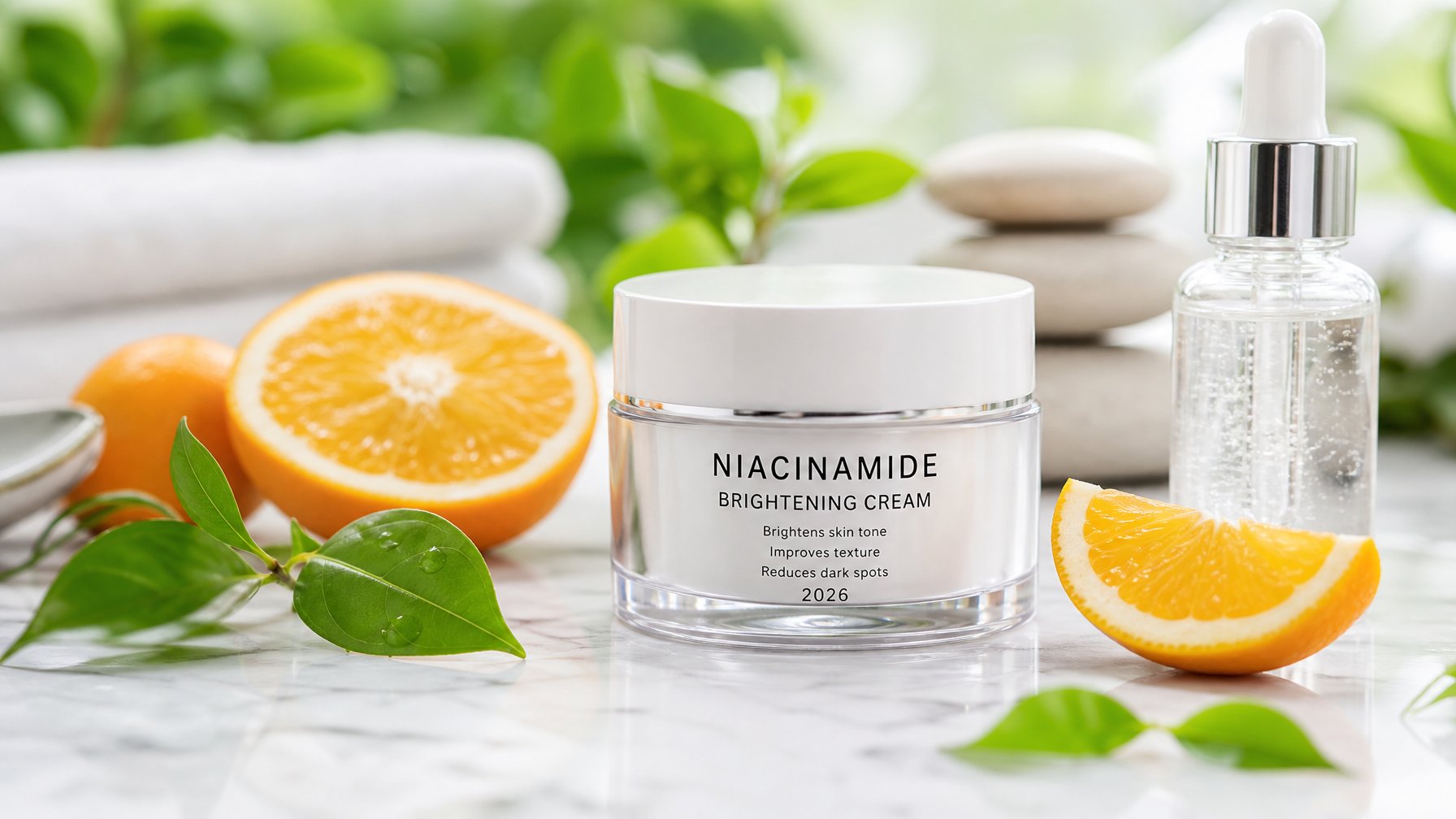 Pot krim wajah dengan bahan niacinamide dikelilingi daun teh hijau dan buah jeruk di atas permukaan marmer putih.