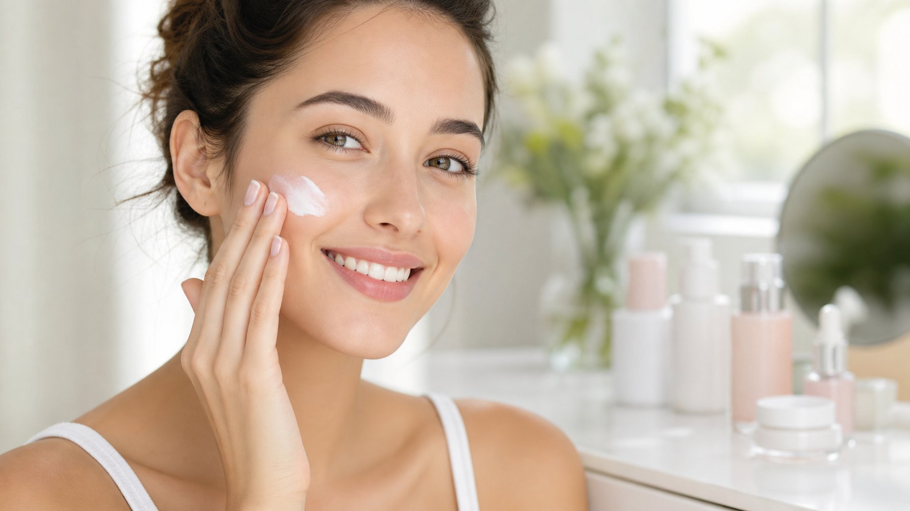 Seorang wanita muda tersenyum sedang mengoleskan krim wajah dengan kulit yang cerah dan sehat.