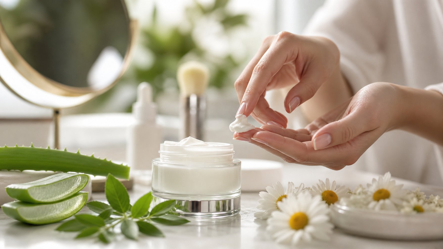 Sebuah krim wajah dalam wadah elegan dengan tangan yang mengambil krim, dikelilingi bahan alami seperti lidah buaya dan bunga chamomile di meja rias.