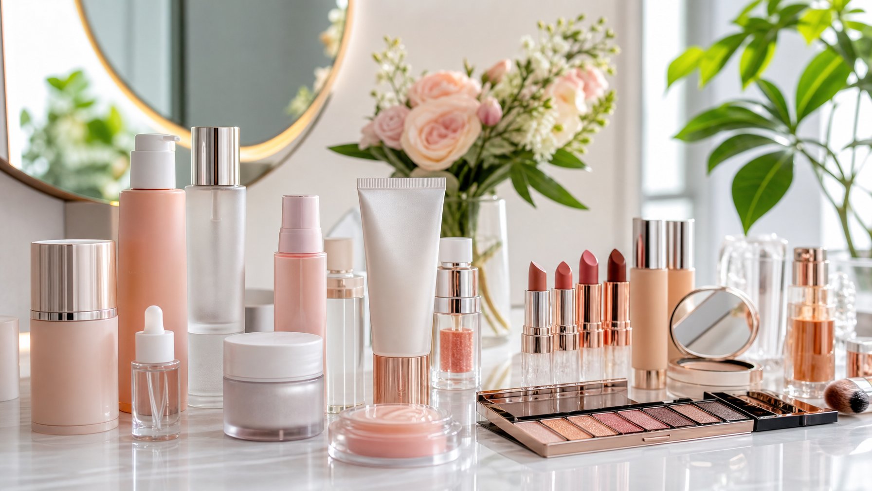 Meja rias dengan berbagai produk perawatan kulit dan makeup yang modern dan elegan, dikelilingi tanaman hijau dan bunga segar.