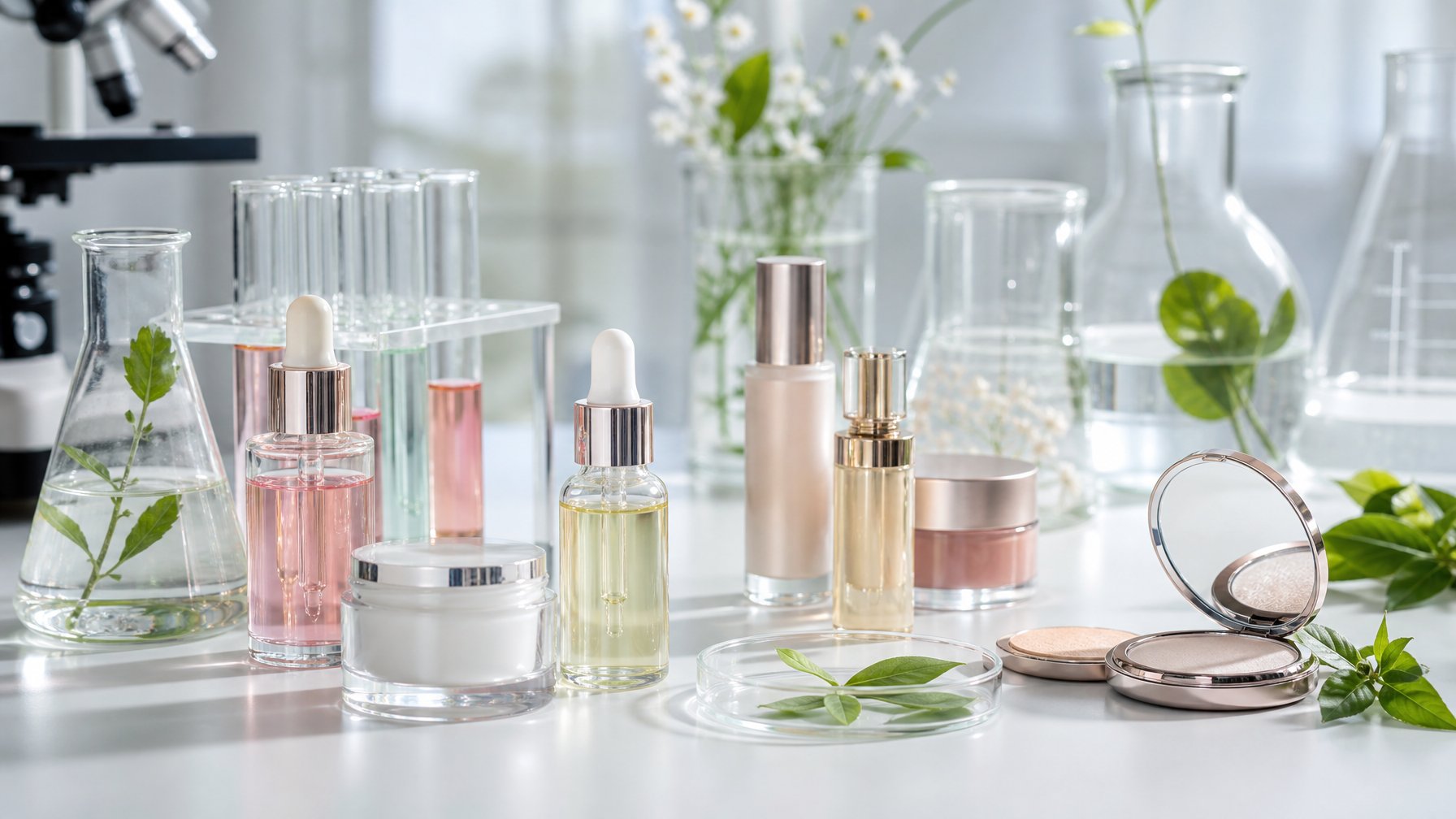 Laboratorium modern dengan botol kosmetik dan tabung reaksi berisi cairan berwarna, menunjukkan inovasi bahan aktif untuk produk perawatan kulit dan makeup.