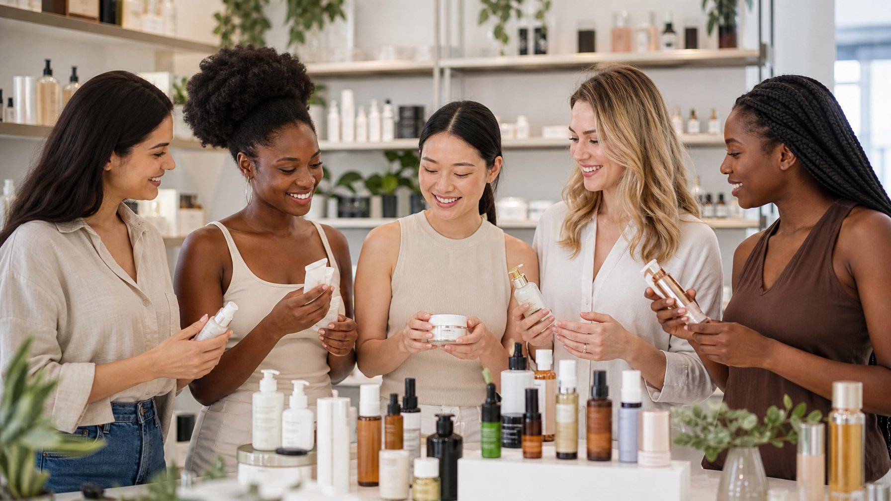 Beberapa wanita dengan berbagai jenis kulit sedang memilih produk kosmetik di ruangan yang terang dan rapi.