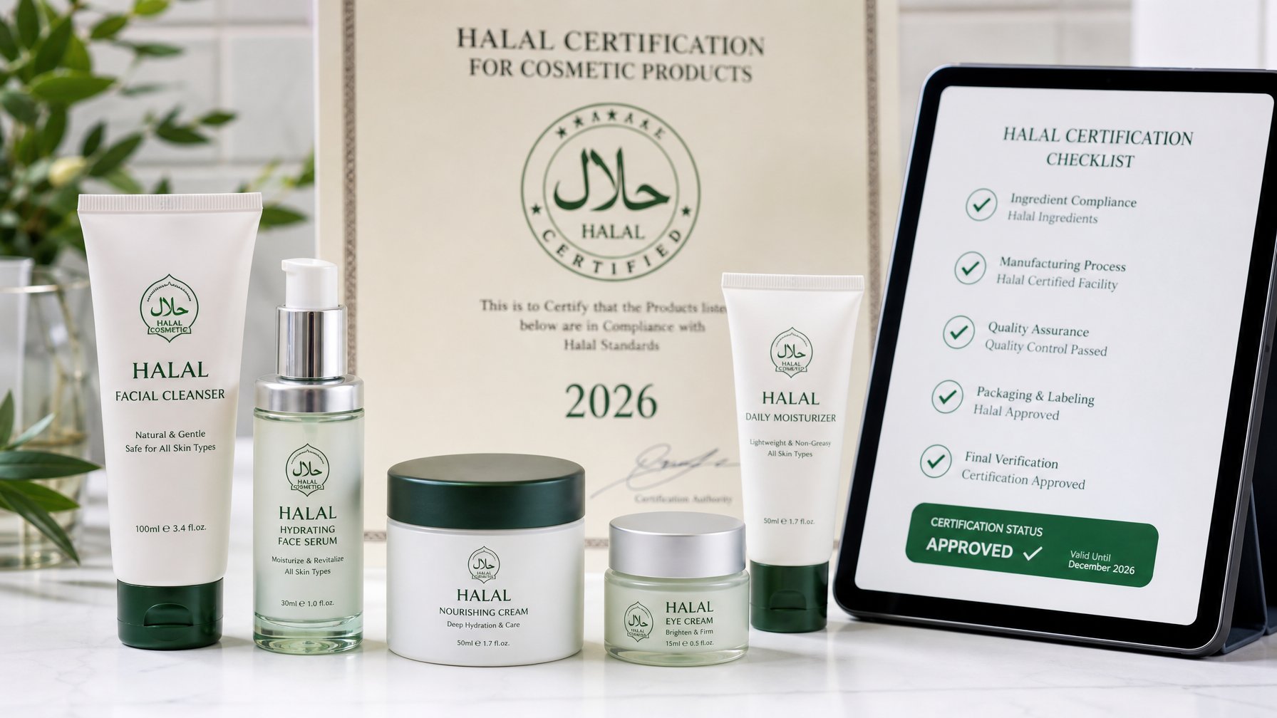Berbagai produk kosmetik halal tersusun rapi dengan dokumen sertifikasi halal dan tablet digital di latar belakang.