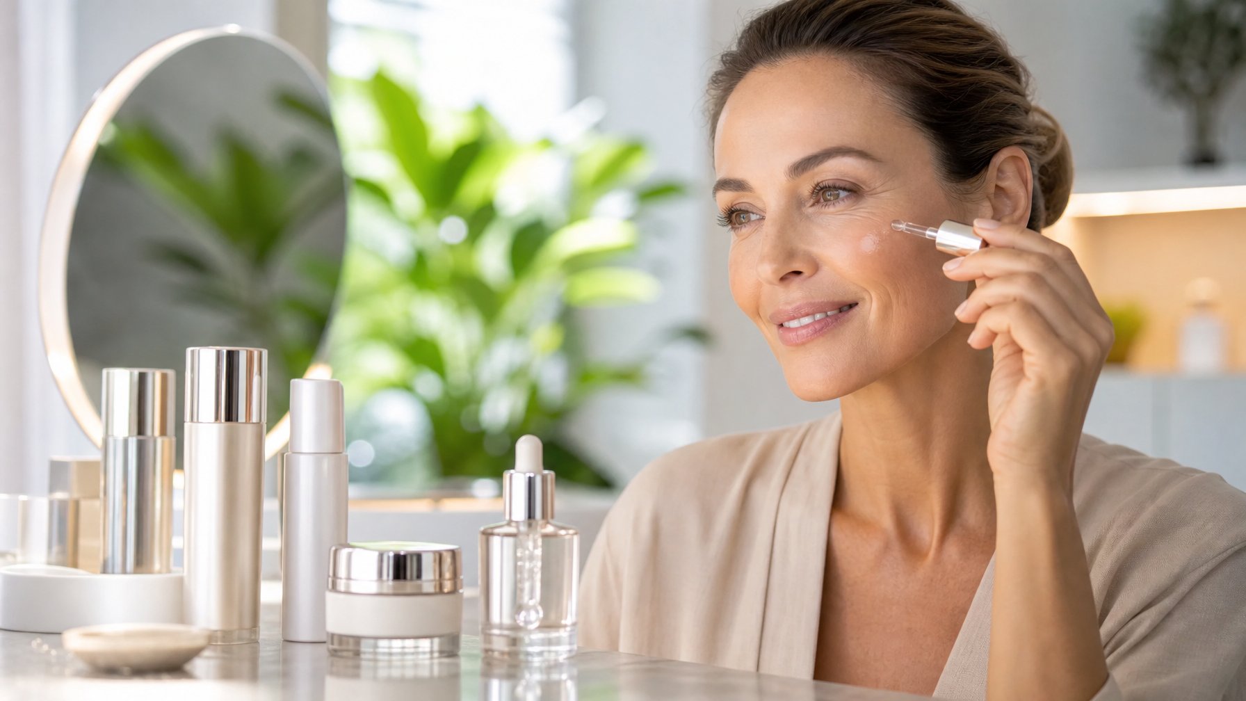 Seorang wanita paruh baya sedang mengaplikasikan serum anti-penuaan di wajahnya di meja rias dengan produk perawatan kulit di sekitarnya.