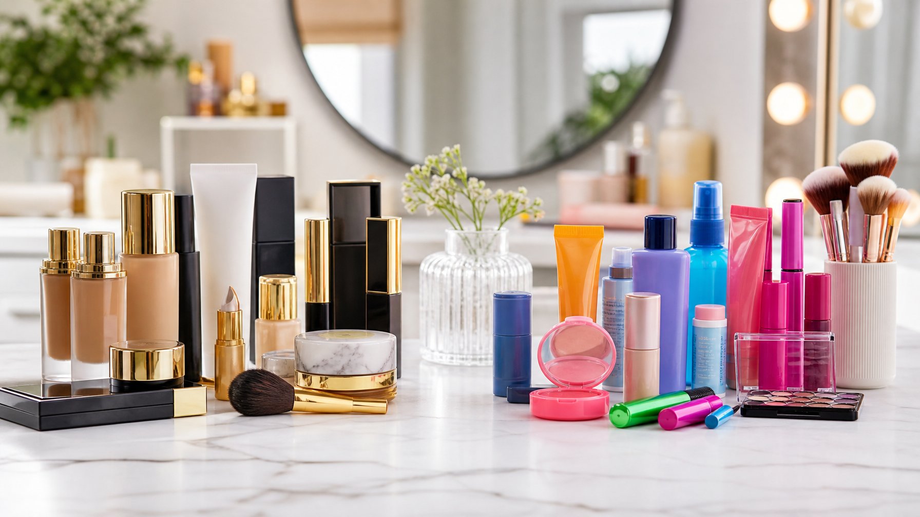 Foto produk kosmetik premium dan drugstore yang disusun berdampingan di atas meja putih dengan latar belakang perlengkapan kecantikan.