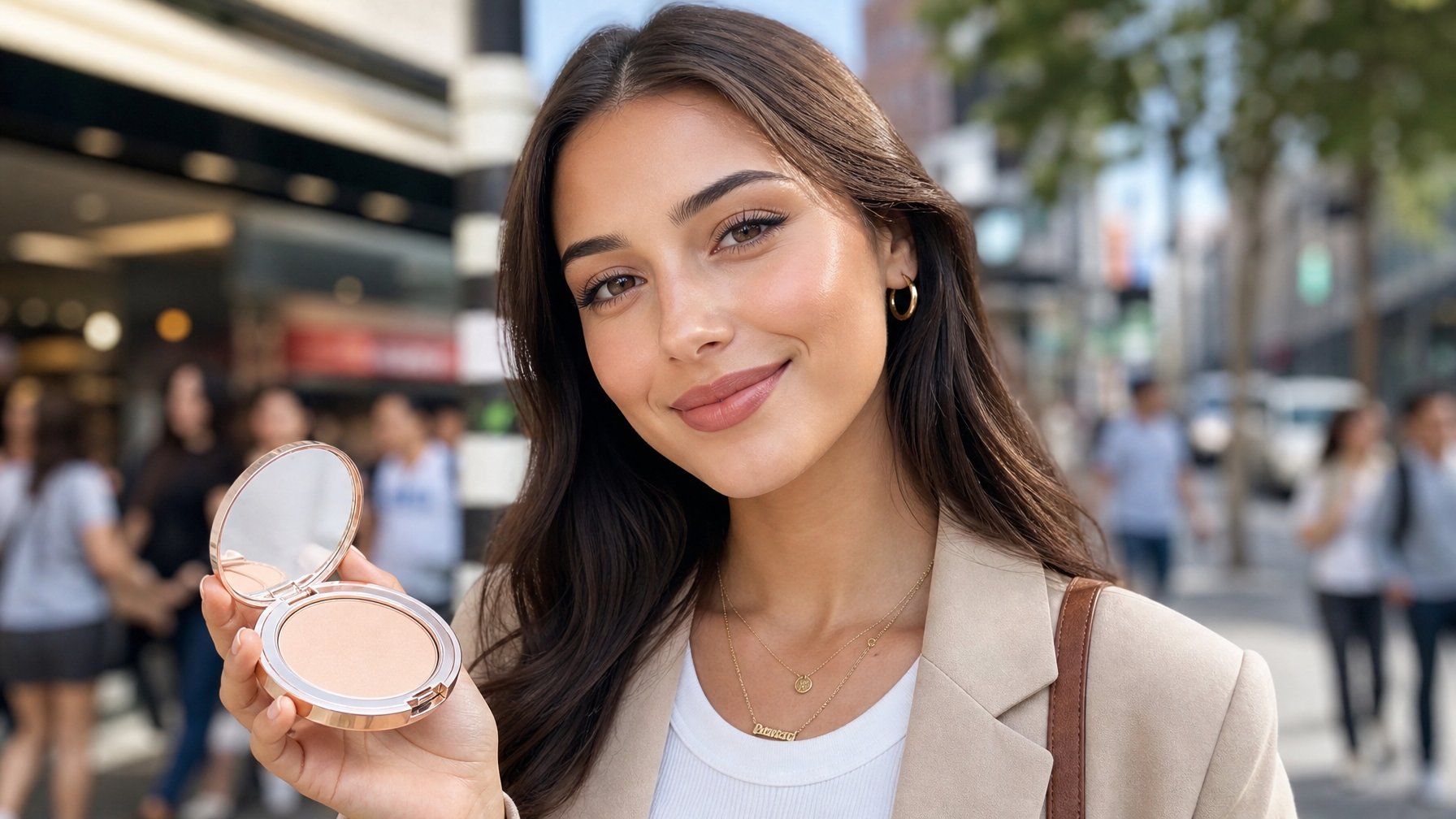 Seorang wanita muda dengan makeup tahan lama tersenyum di luar ruangan dengan latar belakang kota yang samar.