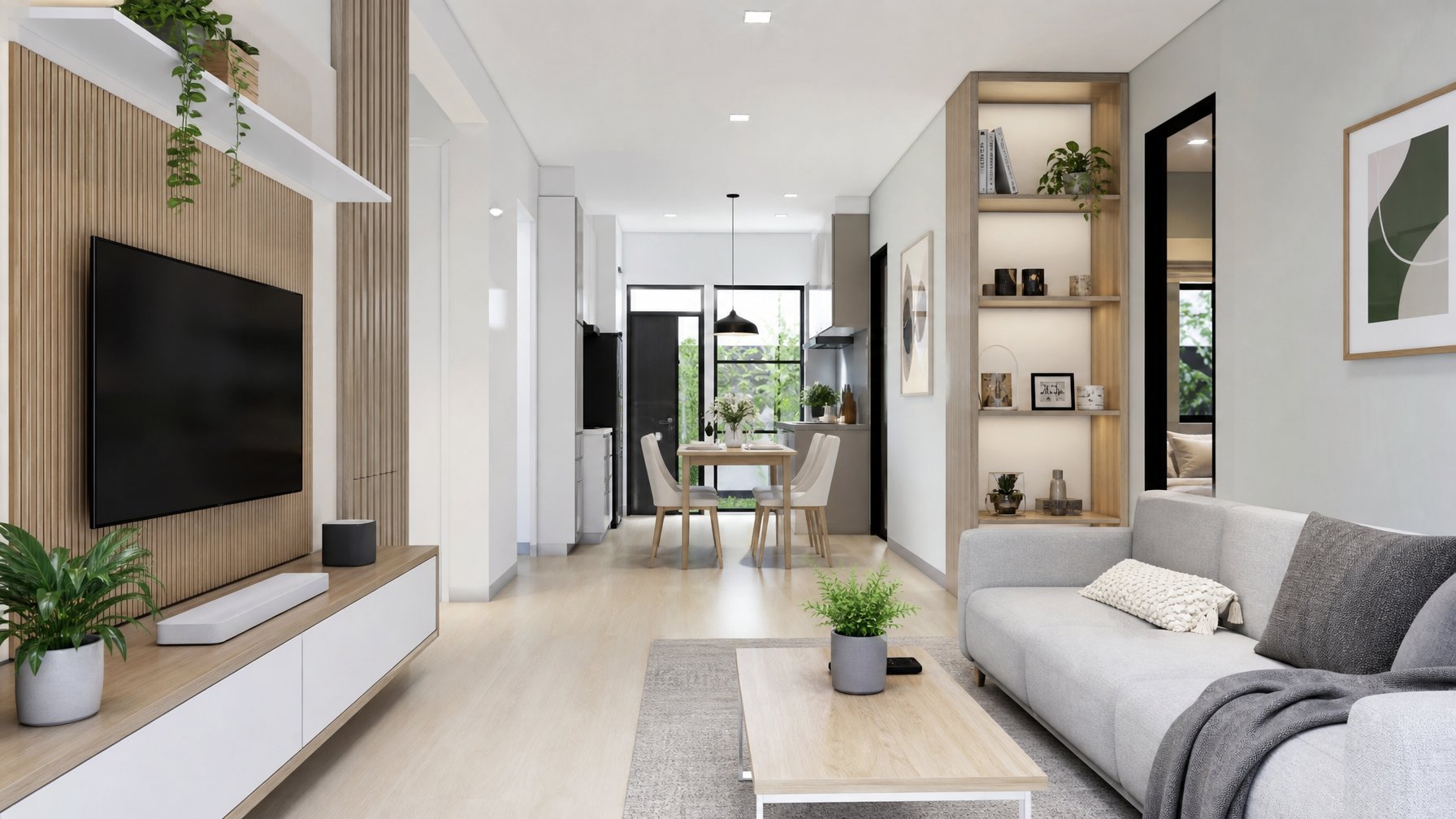 Ruang tamu rumah kecil dengan jendela besar, sofa kecil, meja kopi, dan tanaman dalam ruangan yang terlihat terang dan rapi.