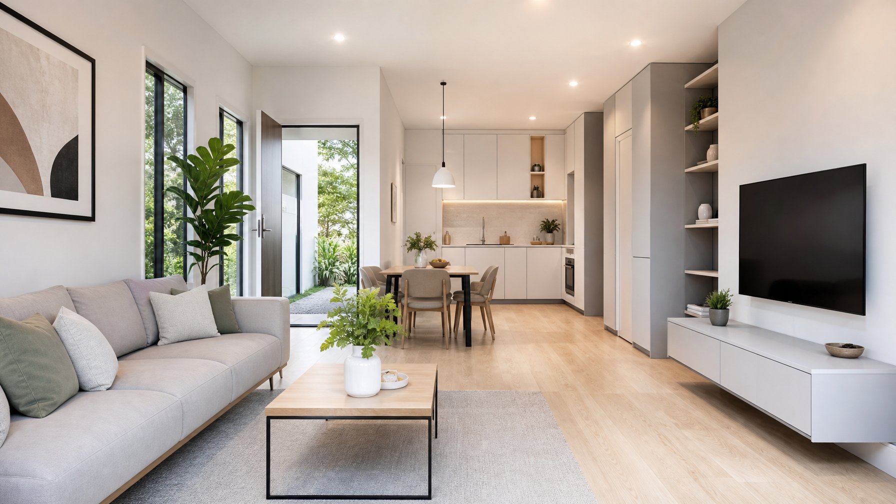 Interior rumah kecil dengan ruang tamu yang terang dan rapi, dilengkapi sofa, meja kopi, dan tanaman hijau, menunjukkan suasana yang lapang dan teratur.