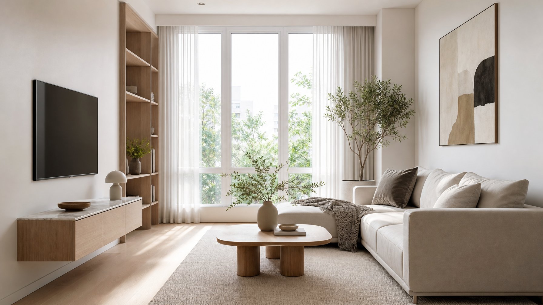 Ruang tamu kecil dengan furnitur sederhana, pencahayaan alami, dan dekorasi minimalis yang rapi dan terang.