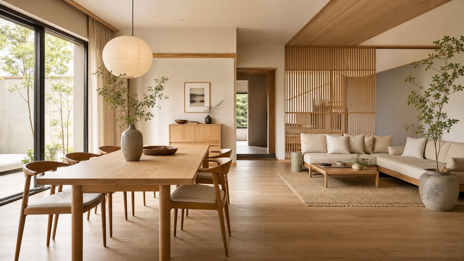 Ruang interior minimalis dengan meja kayu, kursi sederhana, tanaman hias, dan pencahayaan alami yang hangat.